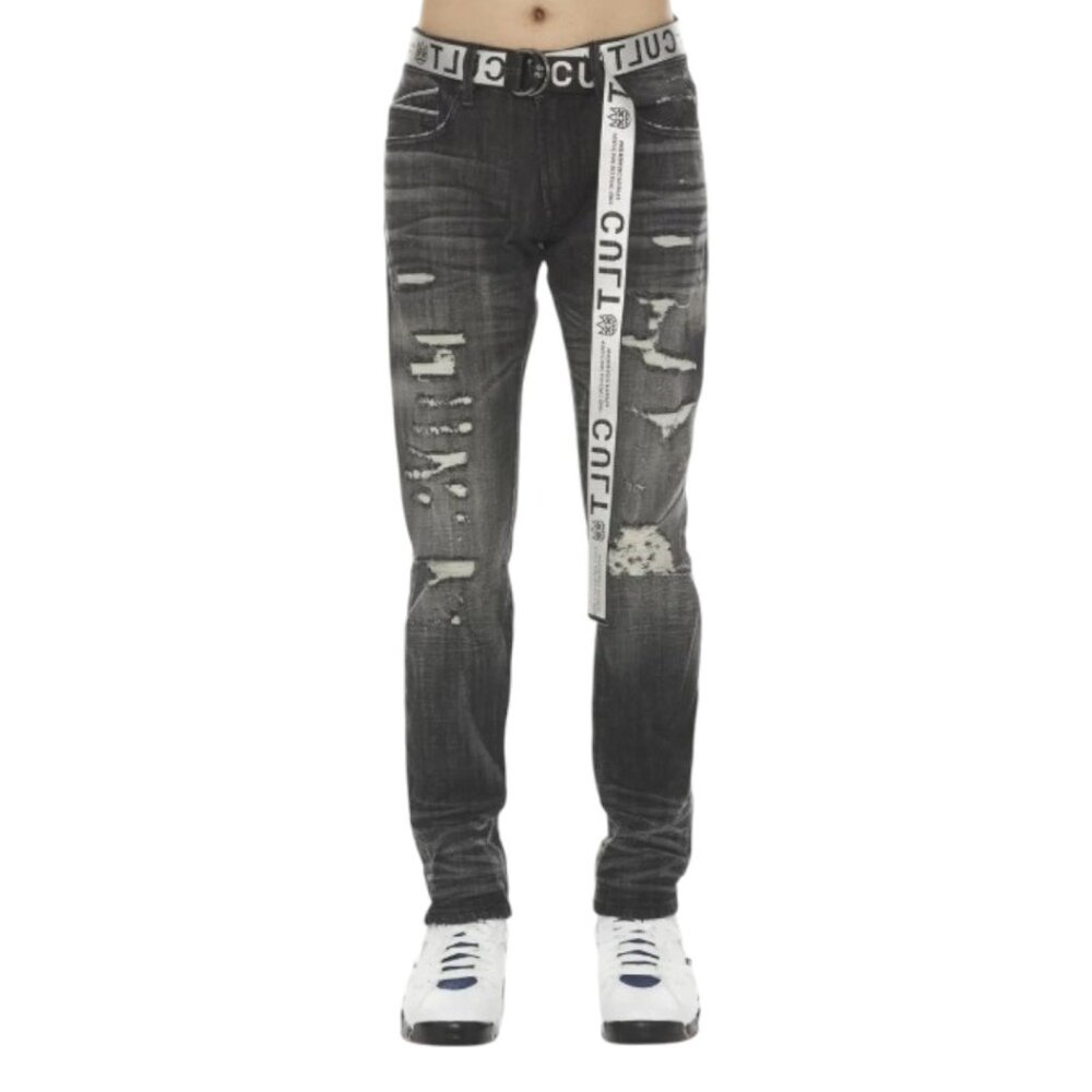 Cult of Individuality Mens Jeans Rocker Belted Distressed Slim Fit Stretch 44